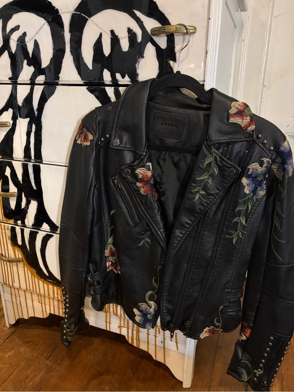 Blank NYC Black Leather Moto Jacket with Multicolor Floral Embroidery